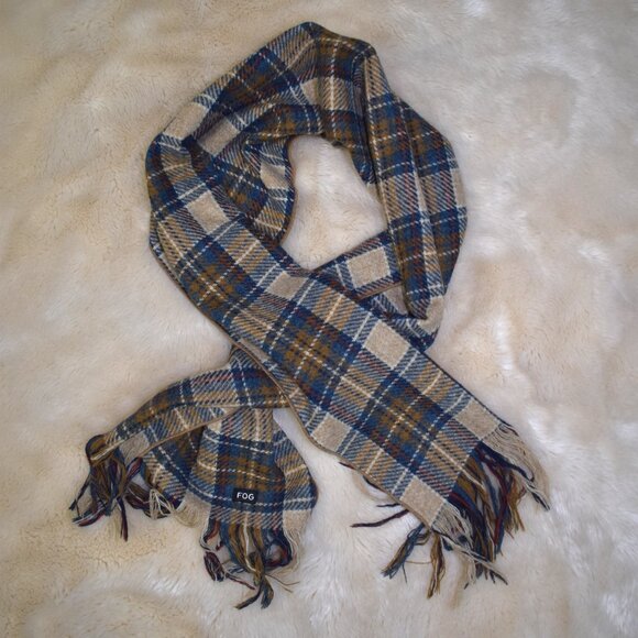 London Fog Plaid Wool Scarf Brown Blue - Picture 2 of 11